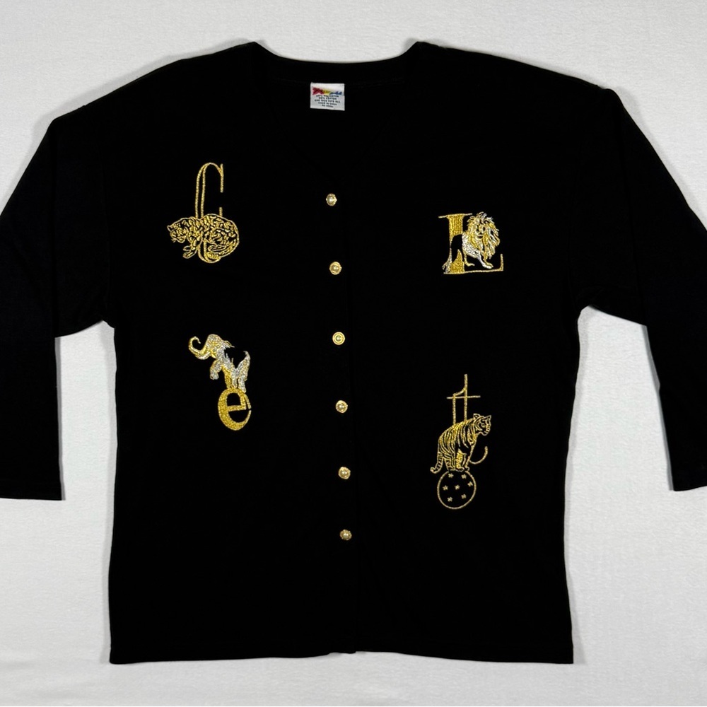 Vintage Black Cardigan silver Gold Embroidered zoo Animals gold‎ pearl buttons